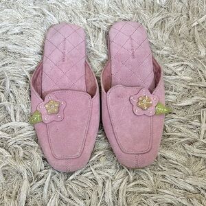 Patricia Green Pink/Lilac Suede Square Toe Floral Slippers Mules Sz 8 RARE